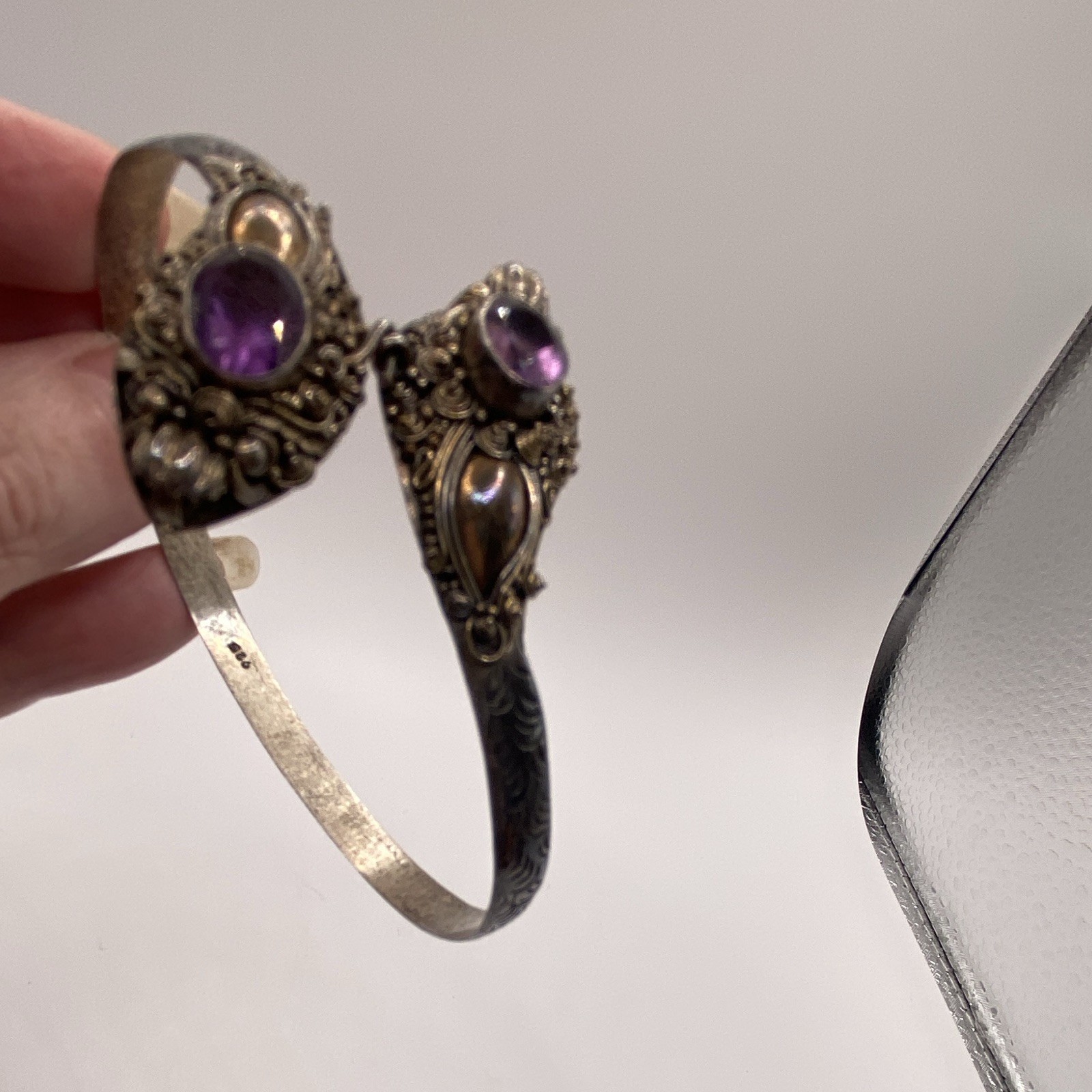 Sterling silver Cuff Bracelet with 2 Oval Purple Amethyst Stones from Bali