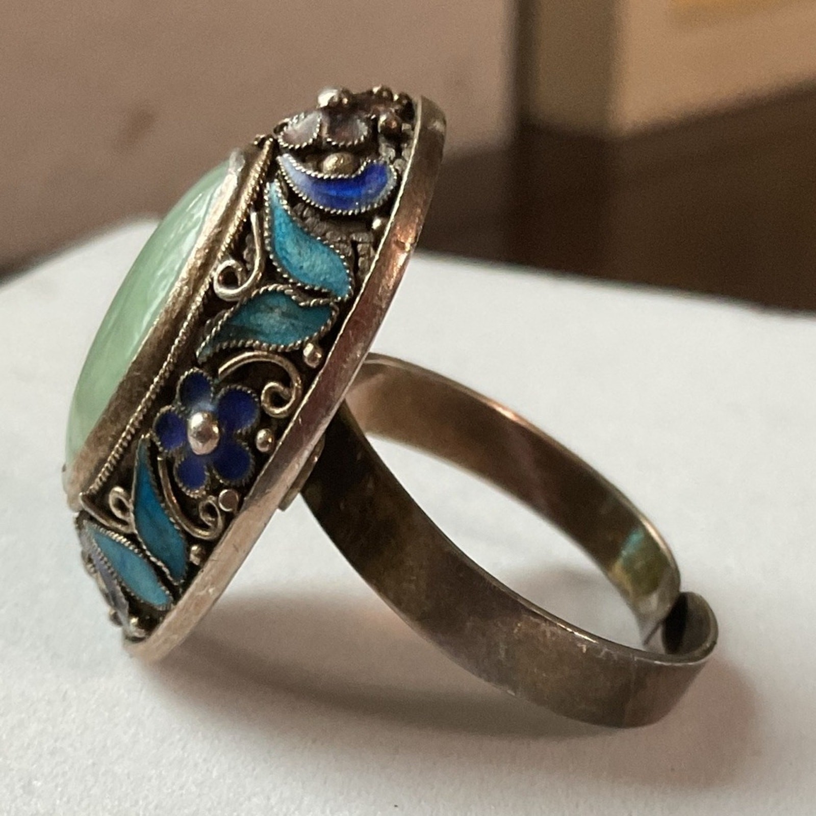 Vintage Chinese Export Jade Enamel Floral Adjustable Ring
