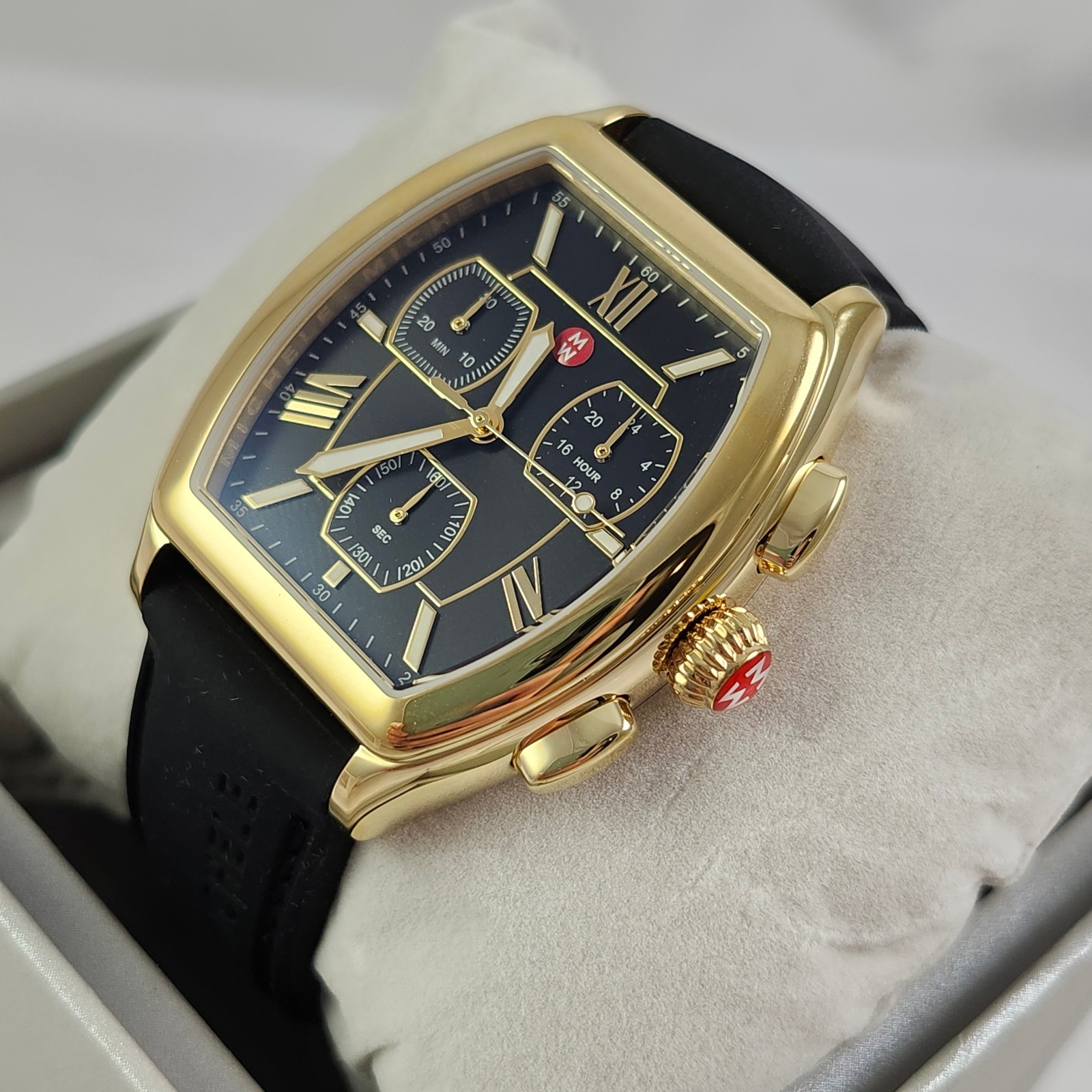 NEW Michele Releve Sport Black & Gold Stainless Watch Silicone Band MWW19C000001