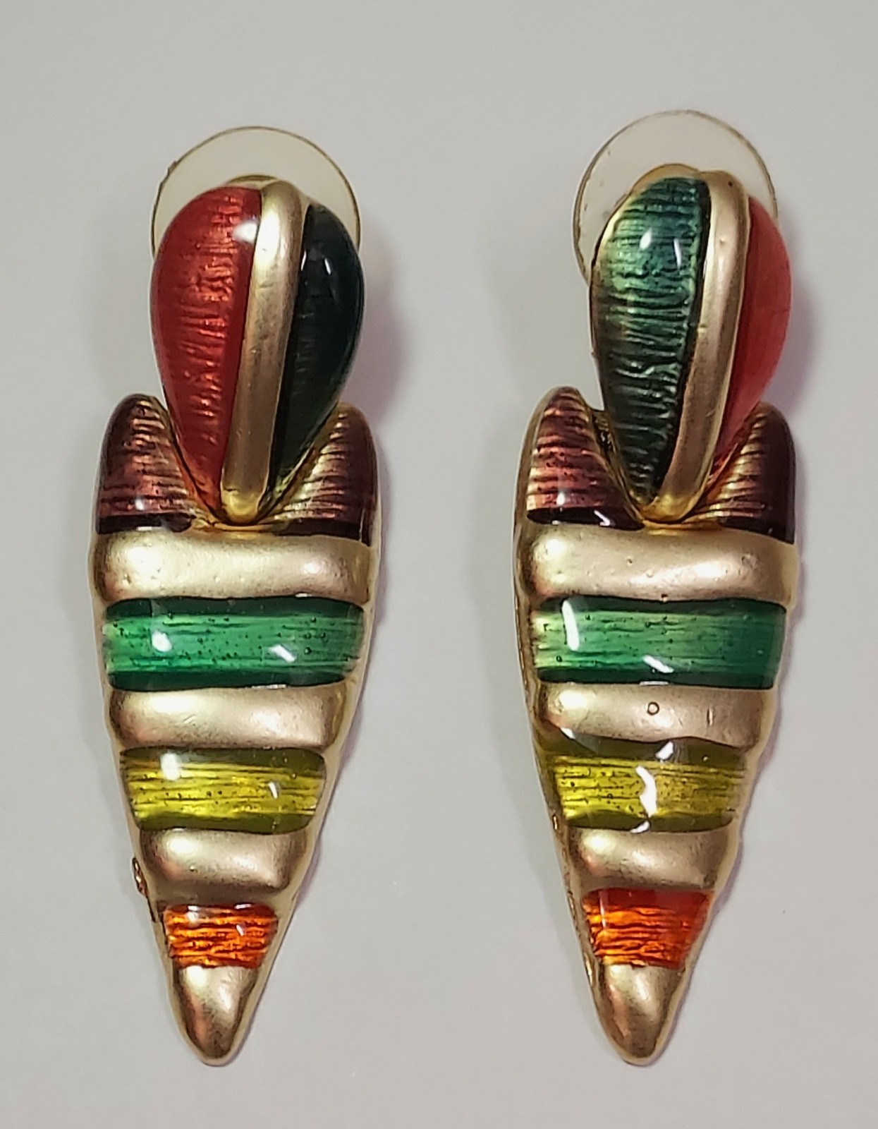 Don Lin Enamel Earrings Vintage Pierced Matte Gold Tone Boho Signed
