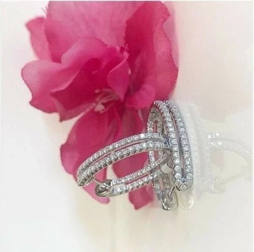 Cluster Hoop Clip On Earring In 1Ct Round Simulated Diamond14K White Gold Plated