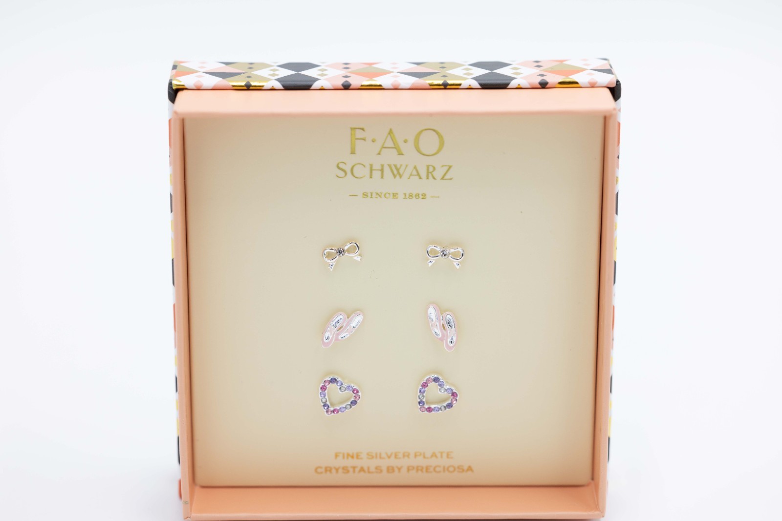 FAO Schwarz Silver Tone Heart Ballet Slipper Bow Earring Set NIB