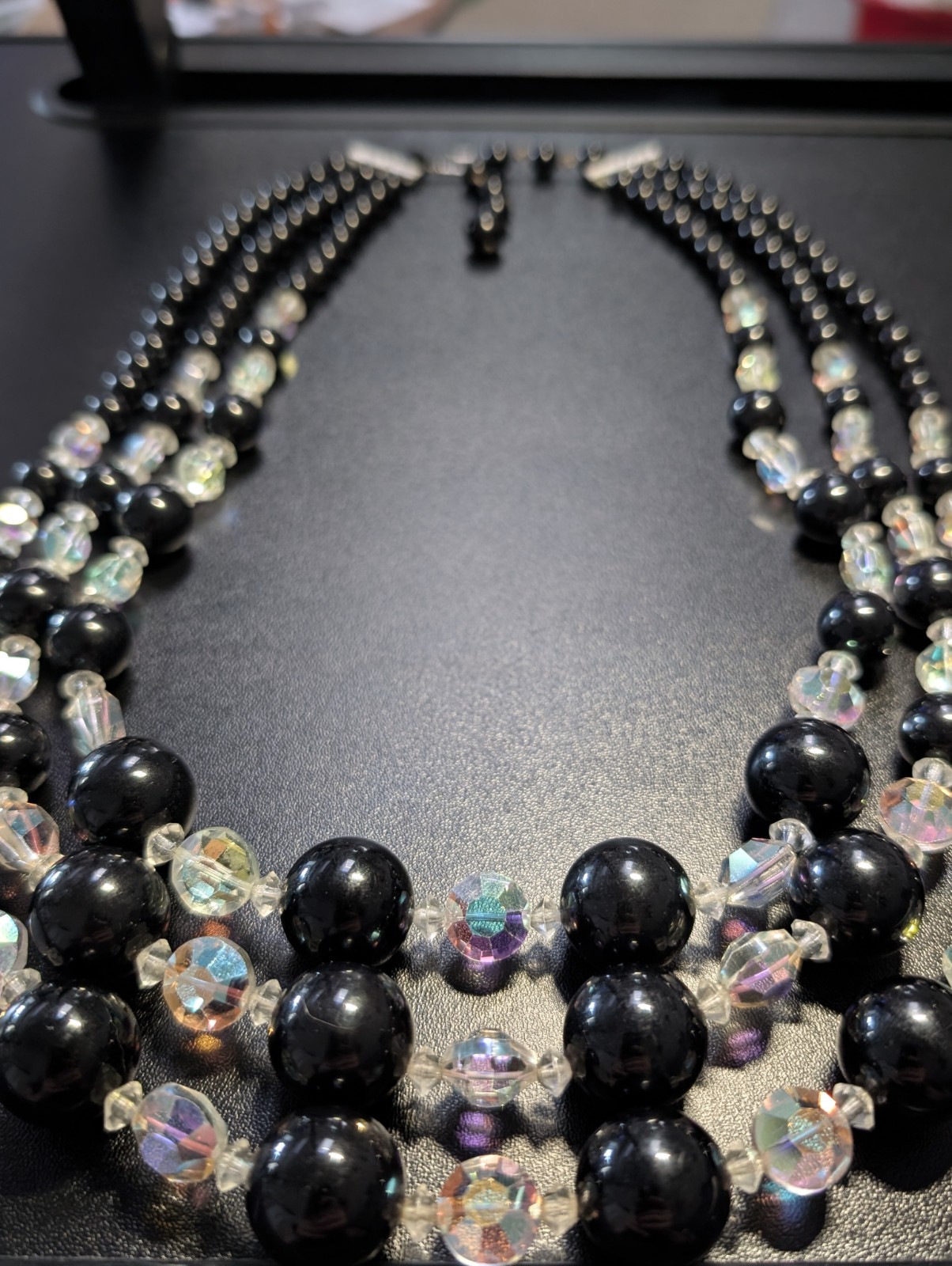 Vintage 1950s Black Aurora Borealis AB Crystal Bead Necklace 3 Strand Multi Bib
