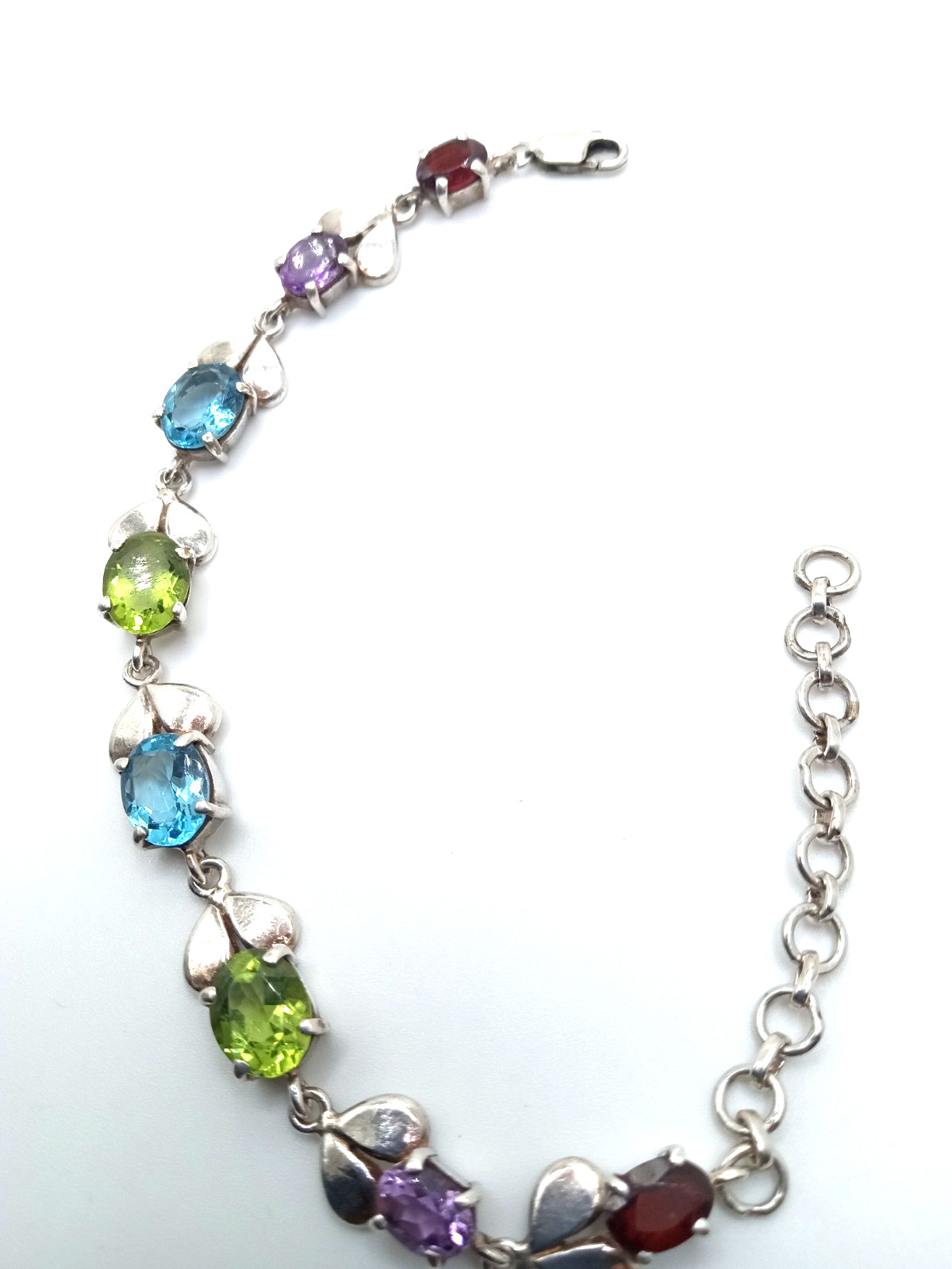 Vintage Sterling Silver Multi Gemstone 7 1/2 Inch Link Bracelet Lovely