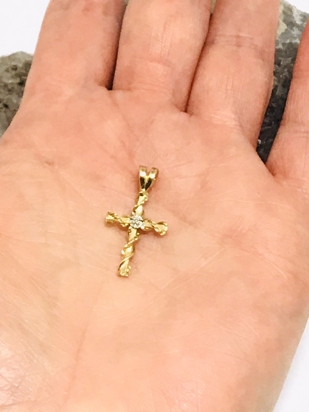 14K Yellow Gold Cross Pendant And White Gold Accent Diamond Chip Accented Center