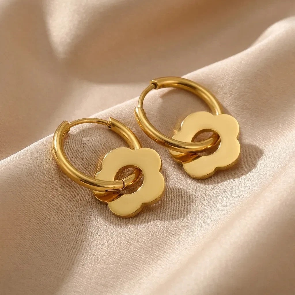 Gold Stainless Steel Flower Hoop Earrings Waterproof Huggie Earrings Women