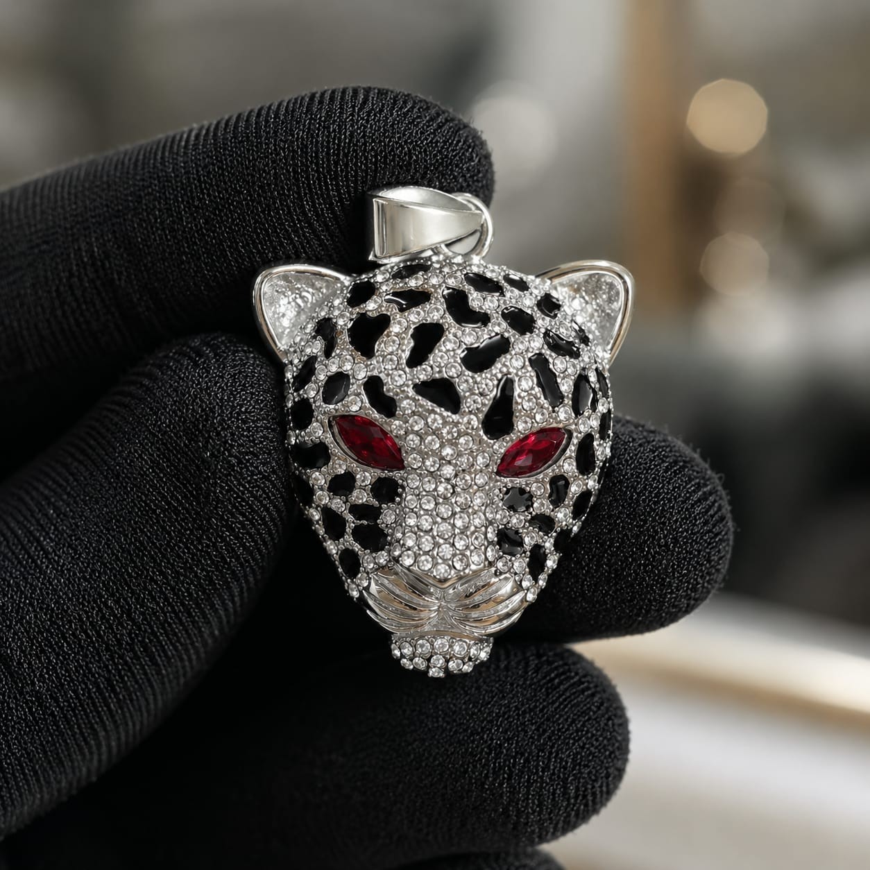 Iced Out Leopard Head Pendant Silver Stainless Steel Blue Red Green Eyes