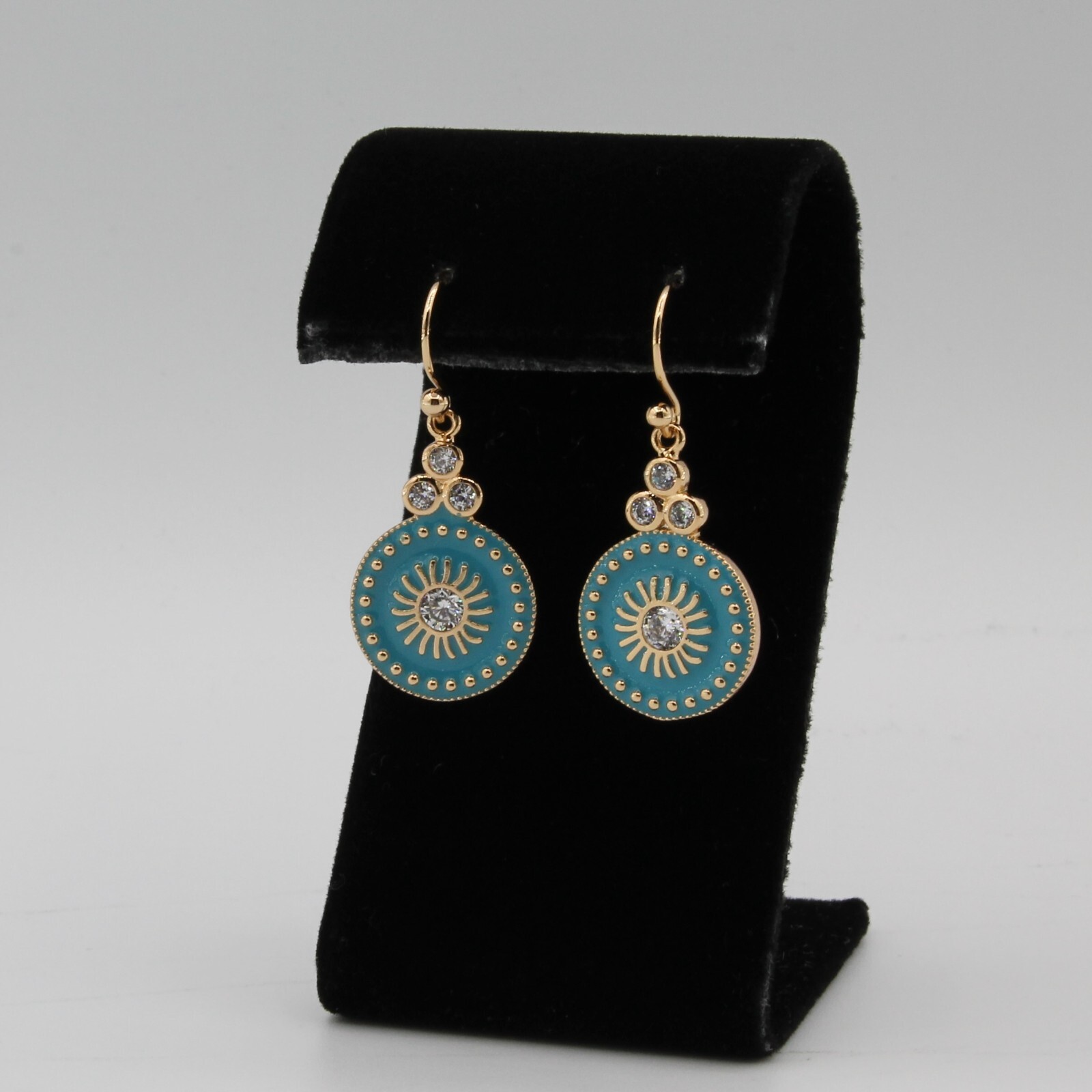 18ct Gold Plated Dangle Ligh Blue Round Hook Earrings With White CZ Non Allergic