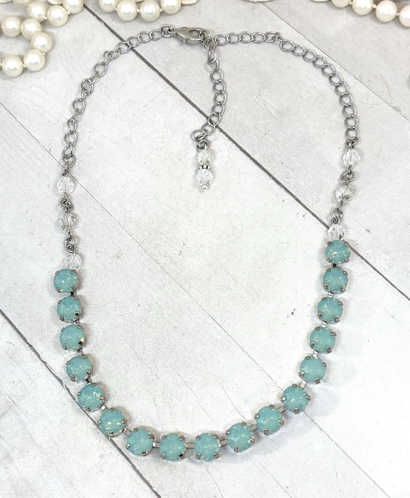 Rhodium Silver Plated Mint Green Pacific Opal Crystal Cup Chain Tennis Necklace