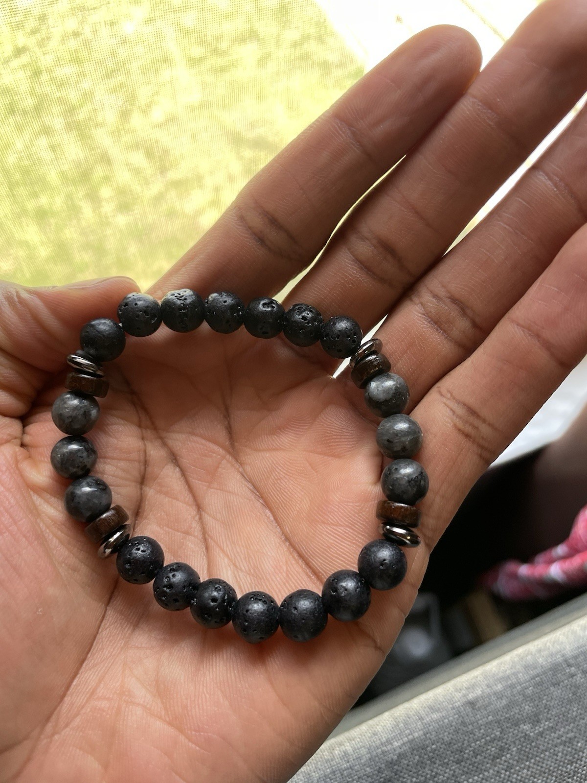 Black & Gray Lava Rock Beaded Stretch Bracelet, Stackable Round Stone Beads