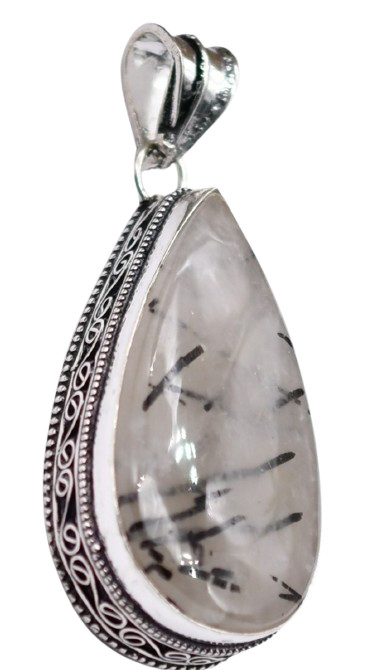 Black Rutile Natural Gemstone Antique Silver Plated Pendant 2.25″ J 2907