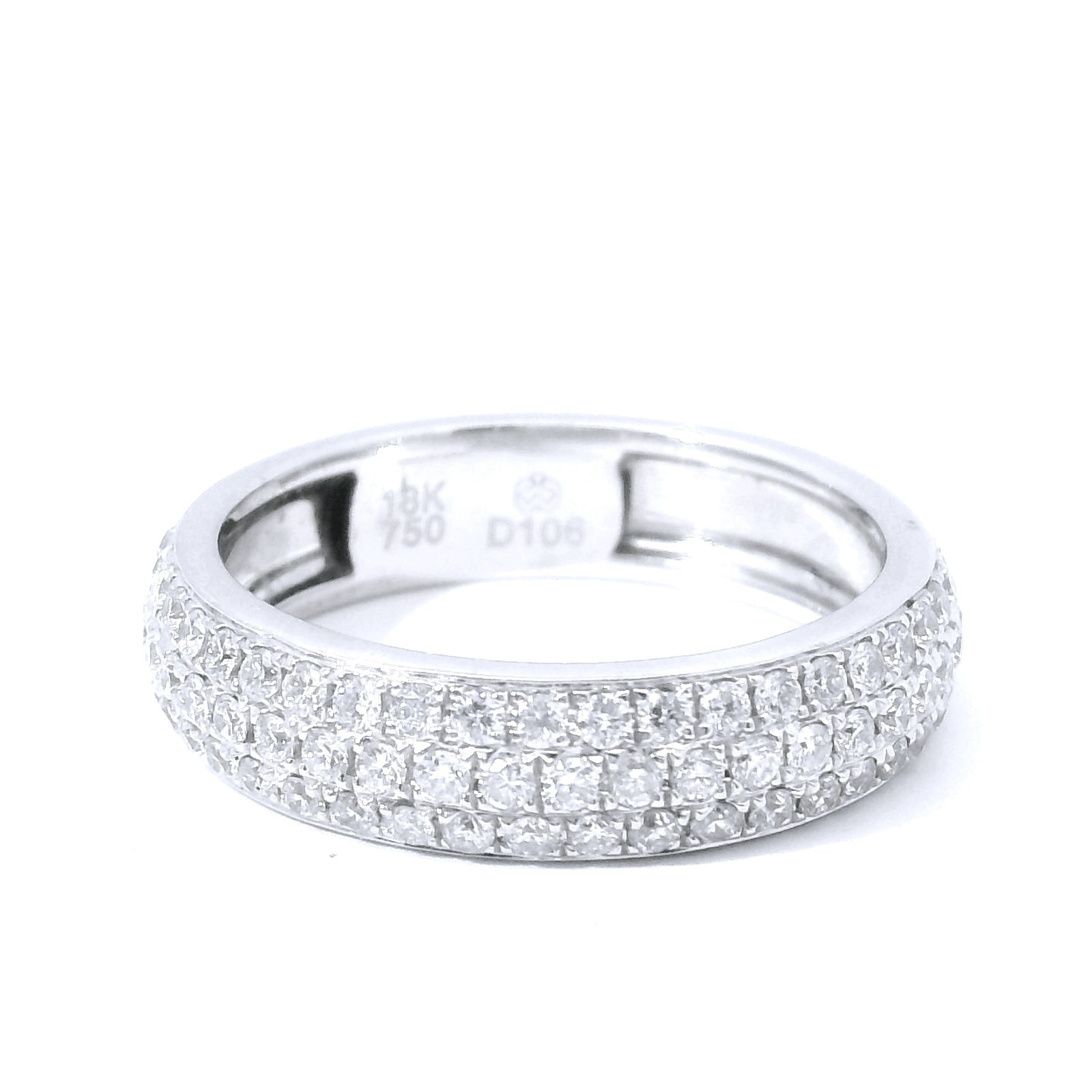 18k White Gold 1.06ctw Pave Set Round Diamond Squared 3 Row Eternity Band Ring
