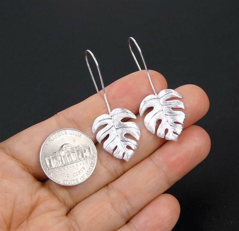 925 Sterling Silver Monstera Plant Leaf Long Drop Earrings Handmade Unique Chic