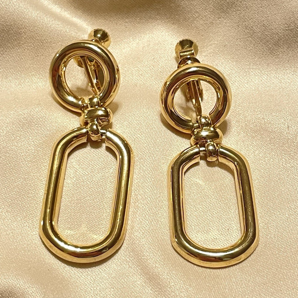 Gold Tone Geometric Circle & Rectangle Dangle Drop Clip-On Screw Back Earrings