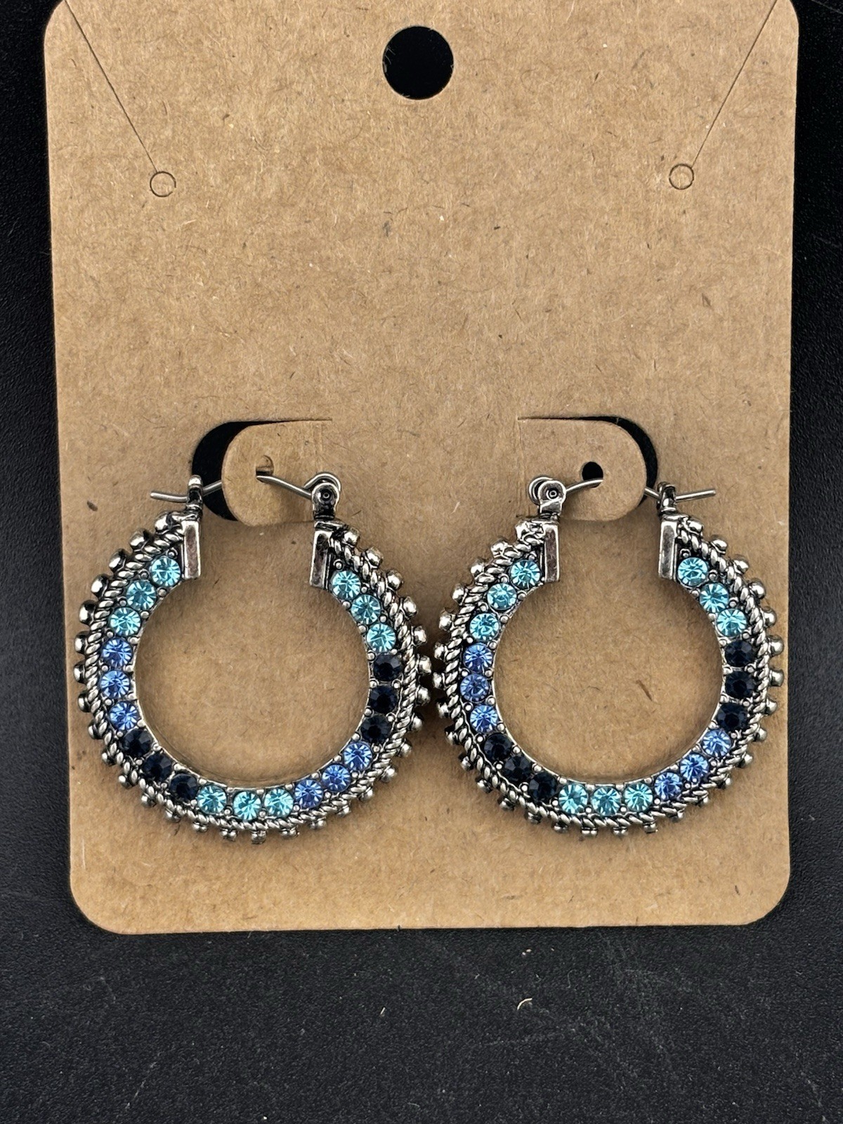 Gradient Blue Hue Crystal Hoop Earrings Silvertone