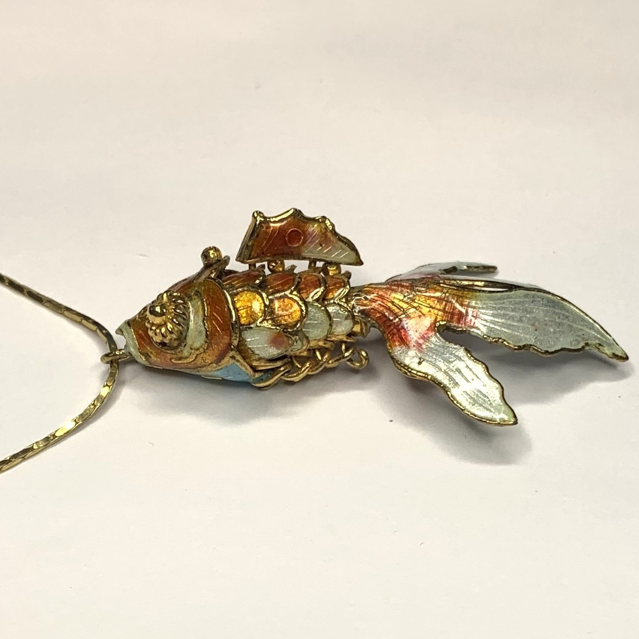 Vintage Articulated Koi Fish Pendant Necklace Cloisonne Enamel Gold Tone 23.5”