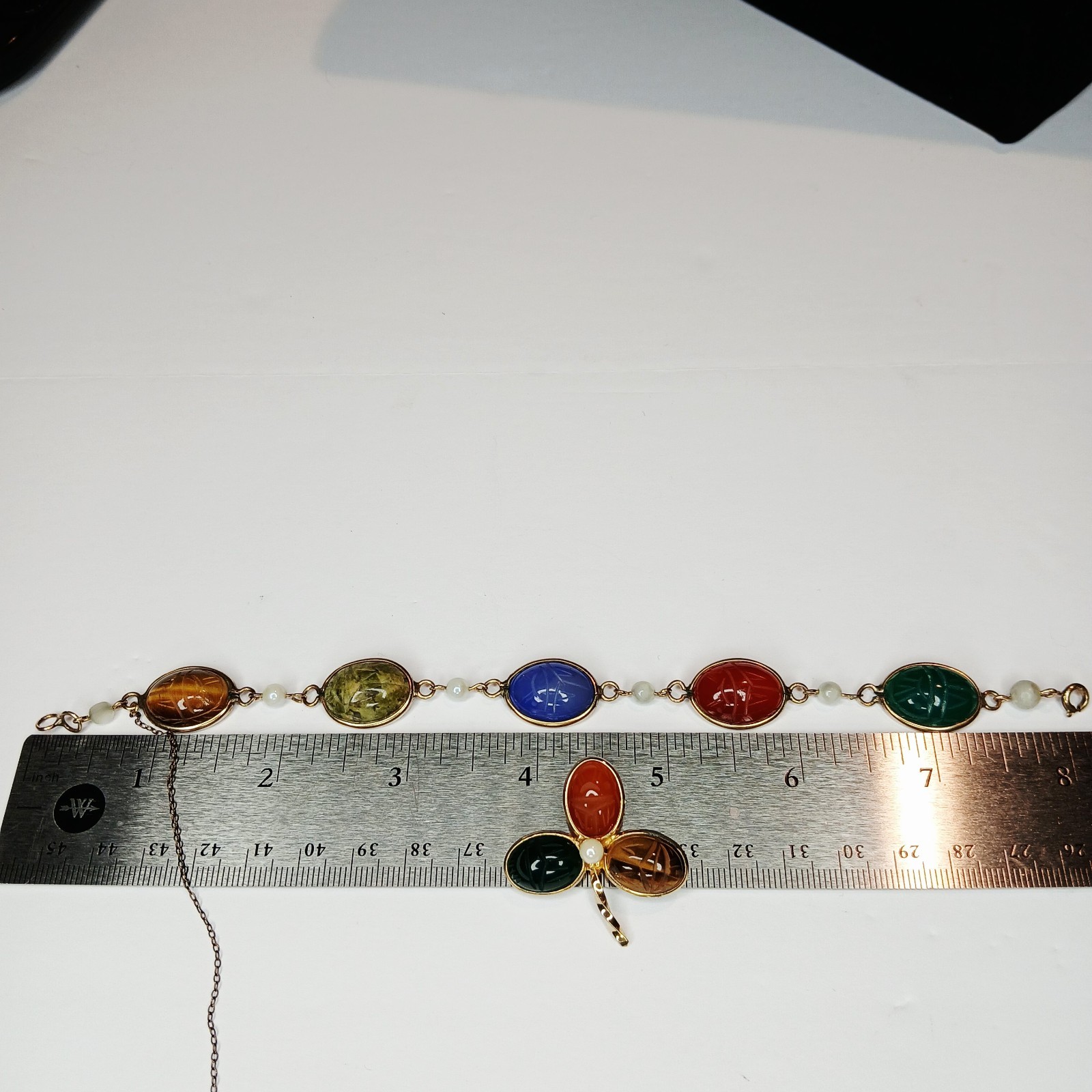 Vintage ~ Burt Cassell Egyptian Revival Gemstone Scarab Bracelet & Brooch Set 8″