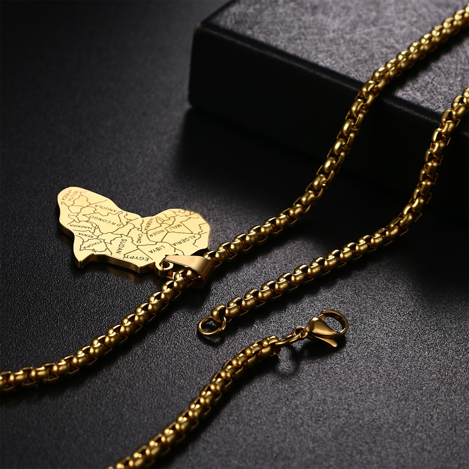 Men’s African Necklace Stainless Steel Africa Map Pendant Necklace 22 Inch Chain
