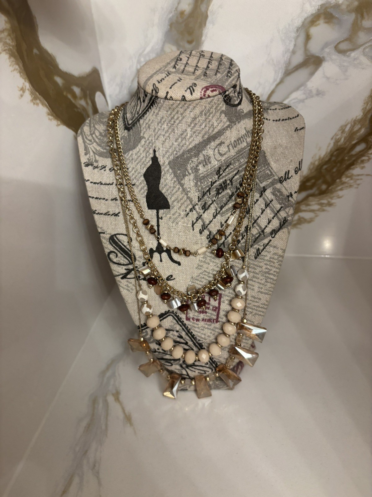 Womens Gold Tone Chain White Crystal Brown Beads Bib Statement Necklace Boho 26″