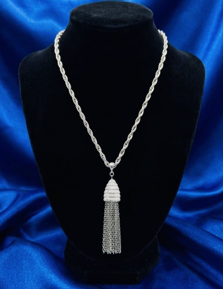 Vintage MONET Tassel Pendant Necklace Silver Tone Rope Chain 28” MCM 1960s EUC