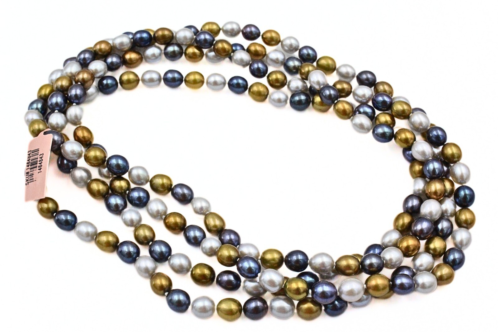 Amazing Dyed White Black Gold Freshwater Pearl Hand Knotted NWT Flapper Necklace