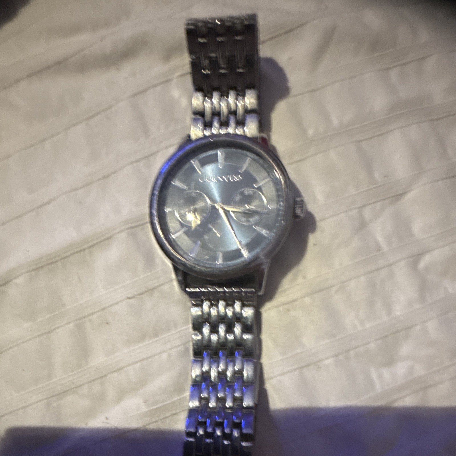Claiborne Men’s Quartz Analog Multifunction Watch Blue Dial Silver Bracelet