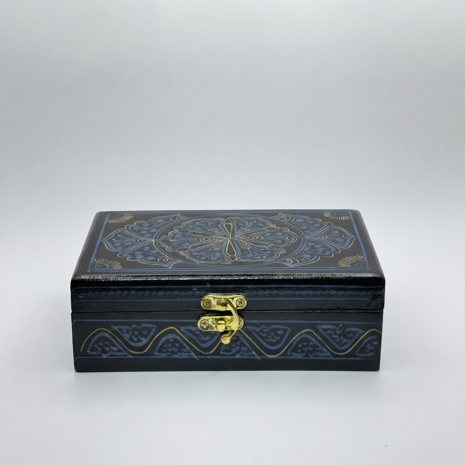 Handmade Wooden Gift Box Hand Painted Blue Gold Lacquer Jewelry Keepsake Storage