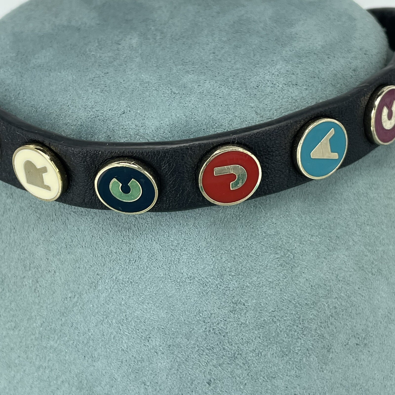 Marc Jacobs choker necklace black leather multicolour enamel spell out RETRO Y2K
