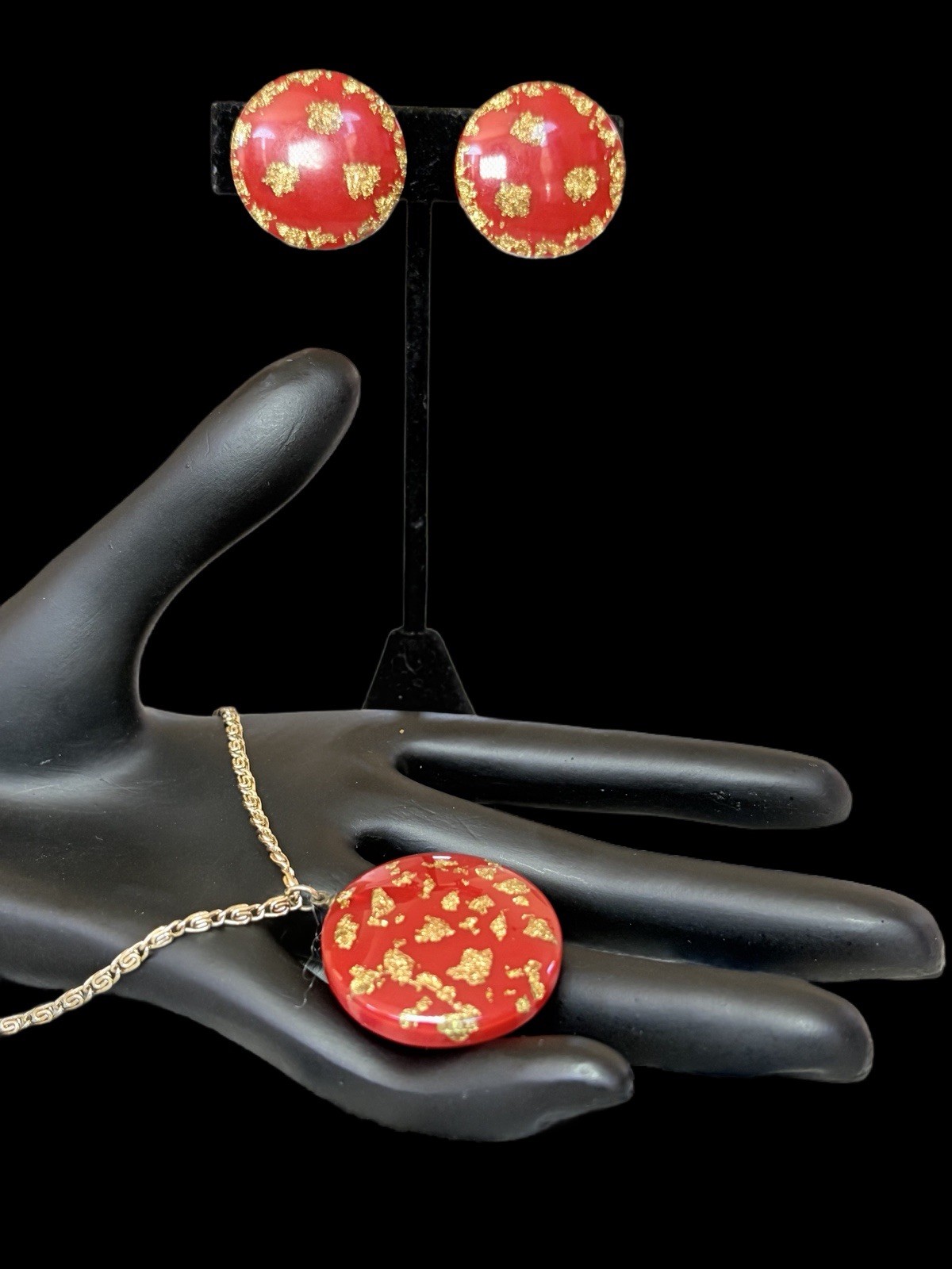 Vintage West Germany Red Resin & Gold Foil Pendant Necklace & Earrings Set~1950s