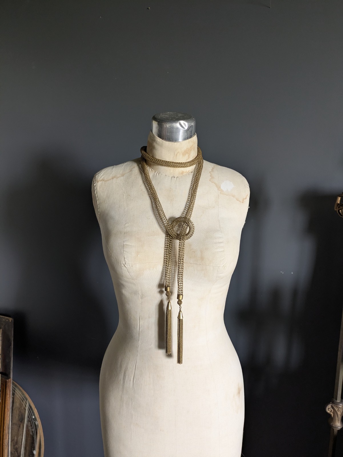 Vintage Brass Gold Tone Mesh Knitted Metal Wire Tassel Necklace Or Belt 55″