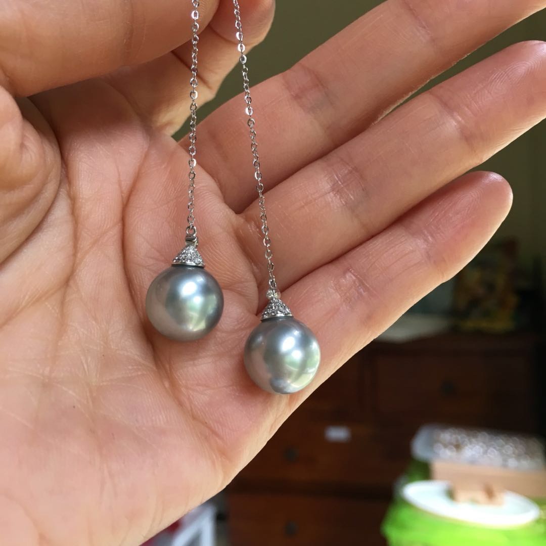 11.7mm AAAA Tahitian Seawater Silver Gray pearl 0.238cts Diamond 18Kearring 84mm