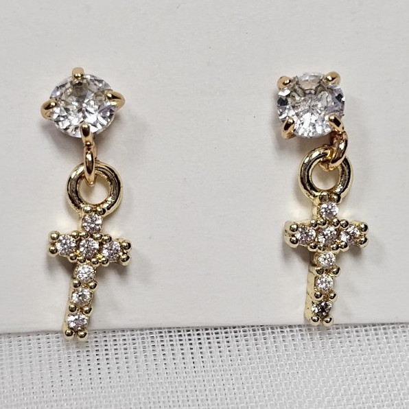 Gold Tone Clear Crystal Rhinestone Cross Dangle Stud Earrings Butterfly Back