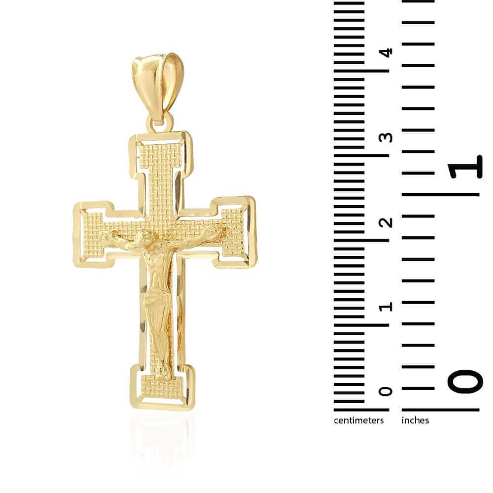 14K Yellow Gold Diamond-Cut Jesus Crucifix Religious Cross Pendant 1.6″