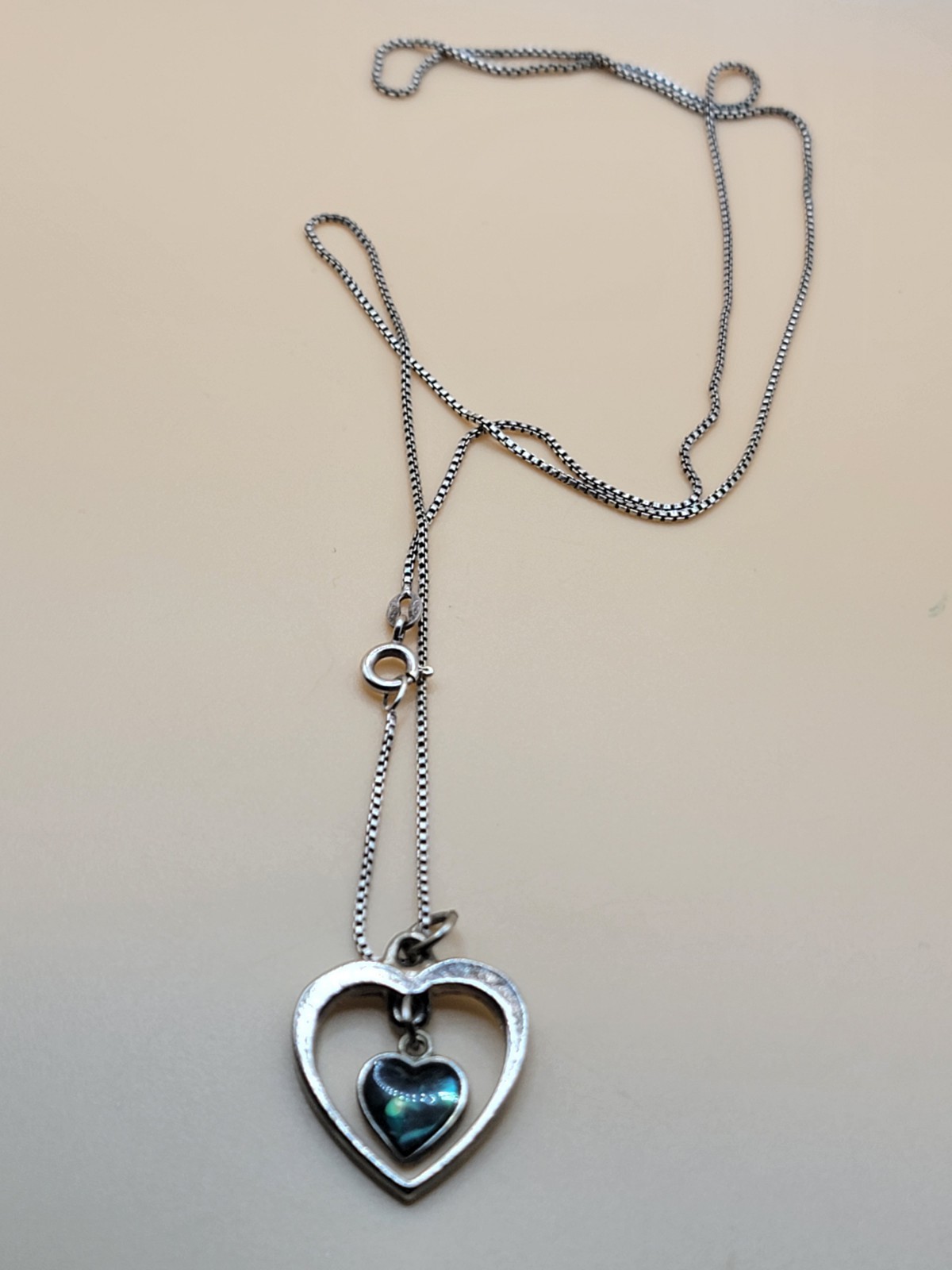 Green Paua Shell 925 Silver Necklace Heart Shaped Signed Italy
