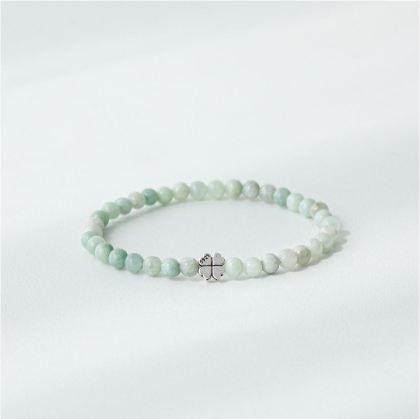 Natural Jadeite Bracelet 4mm 925 Silver Four Leaf Clover Lucky Talisman Beads
