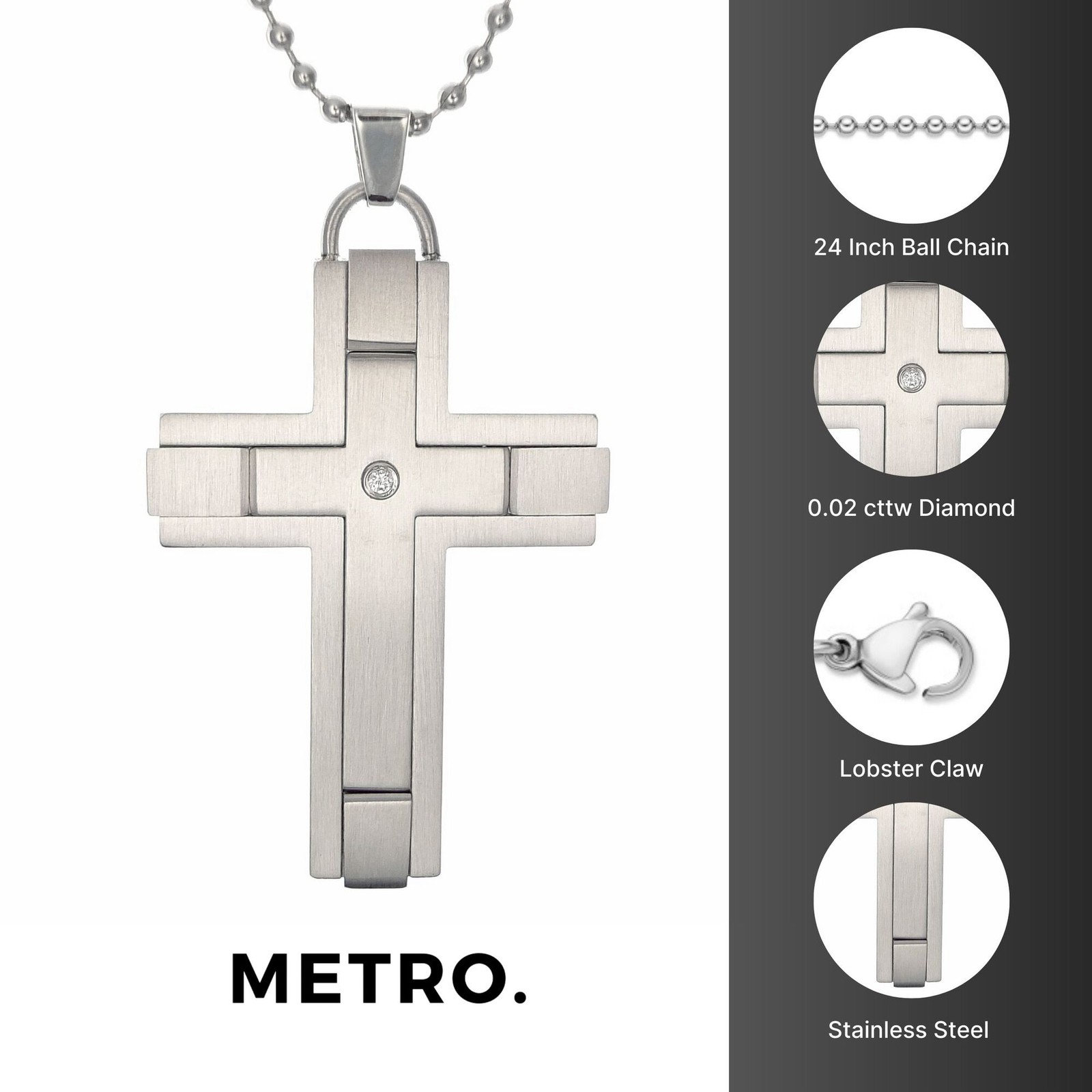 Stainless Steel Cross Pendant with 0.02 Carat Diamond Satin Accent – 24″ Chain