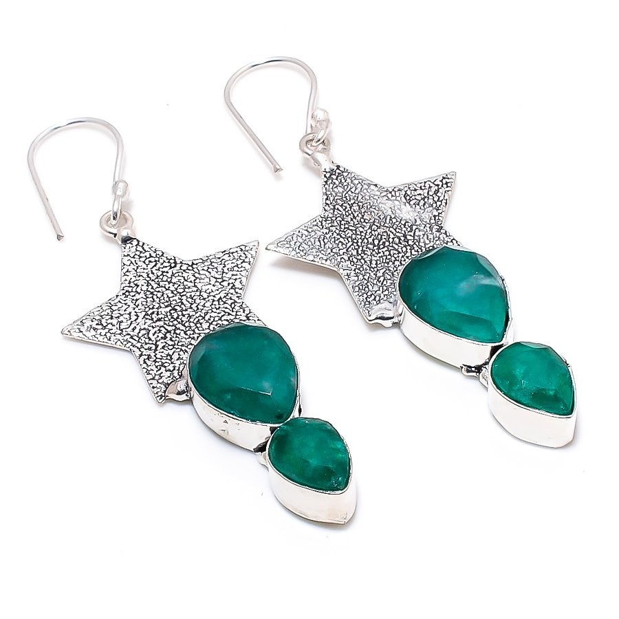 Green Onyx Earrings 925 Sterling Silver Handmade Star Dangle Earrings Gift