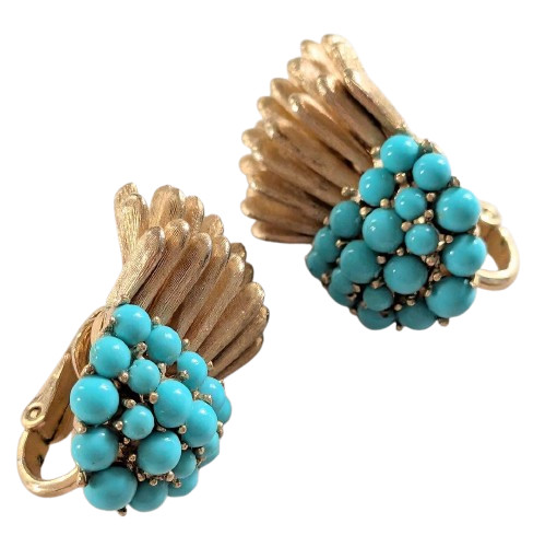 Crown Trifari Vintage Thistle Brooch & Earrings Set Turquoise 2.8in Auth