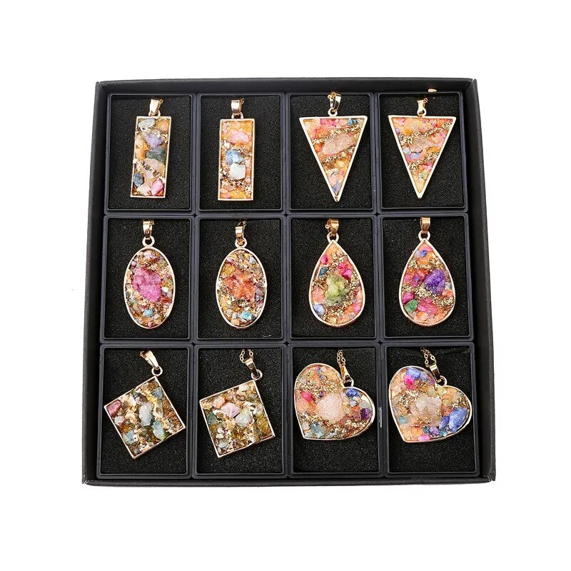 Geometric Colorful Nature Stone Necklace Tear Drop Crystal Pendant for Women Men