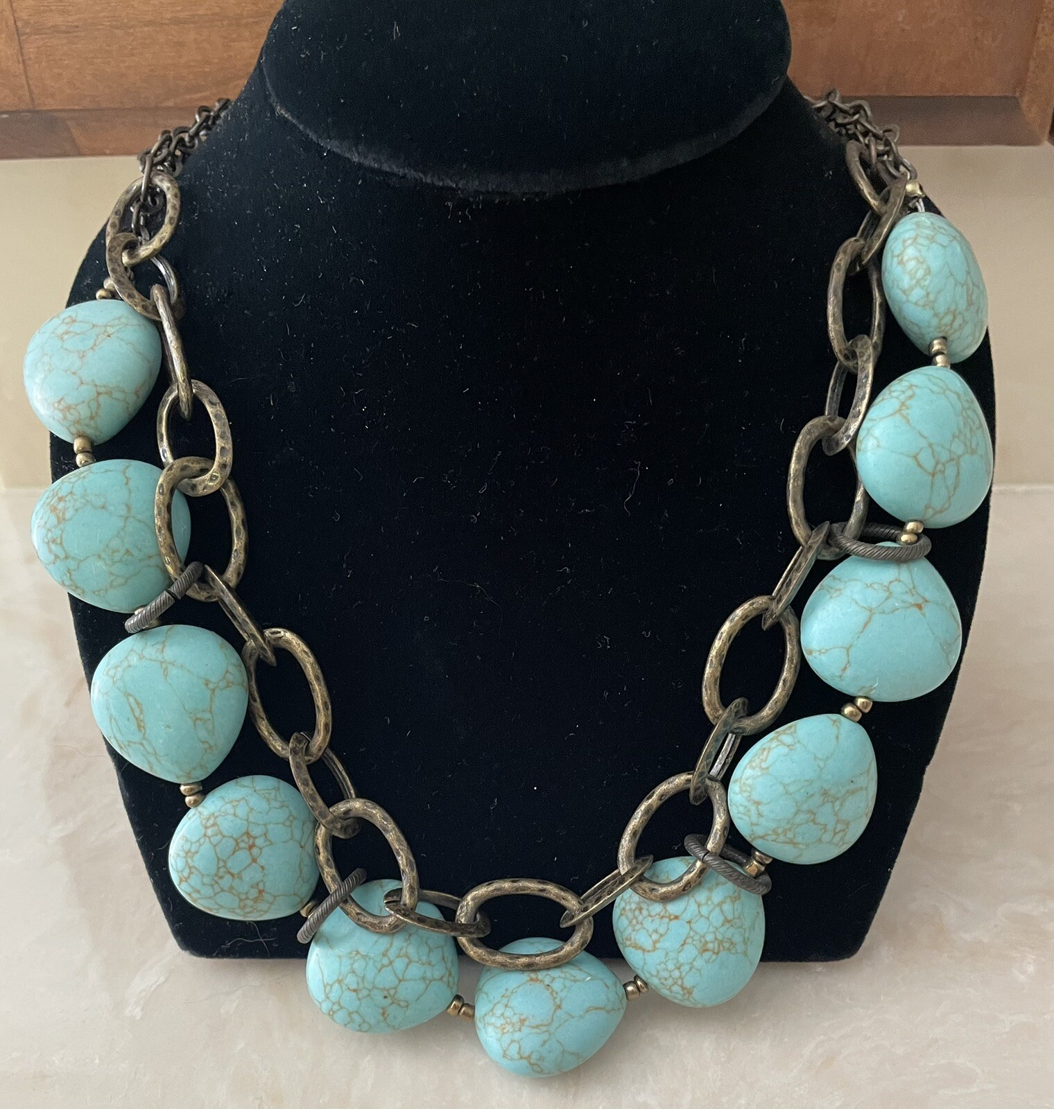 Premier Designs Necklace With Faux Pearl Turquoise & Bronze Tone Approx 20″