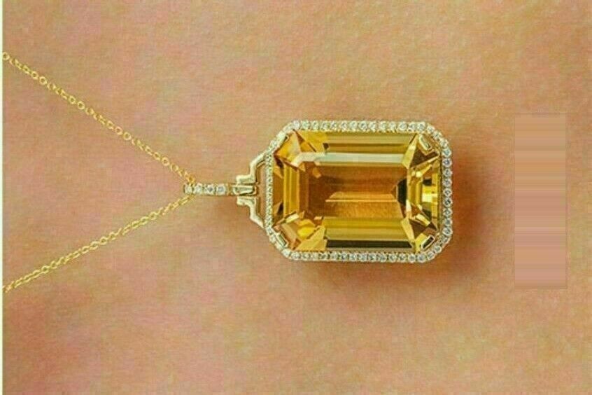 3.50Ct Emerald Cut Citrine & Diamond Halo Women’s Pendant 14K Yellow Gold Finish