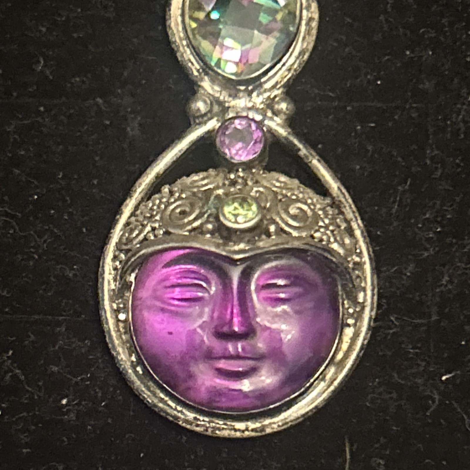 ALL SAJEN Sterling 925 Carved Amethyst Moon Face Pendant Jade Mystic Topaz WOW!