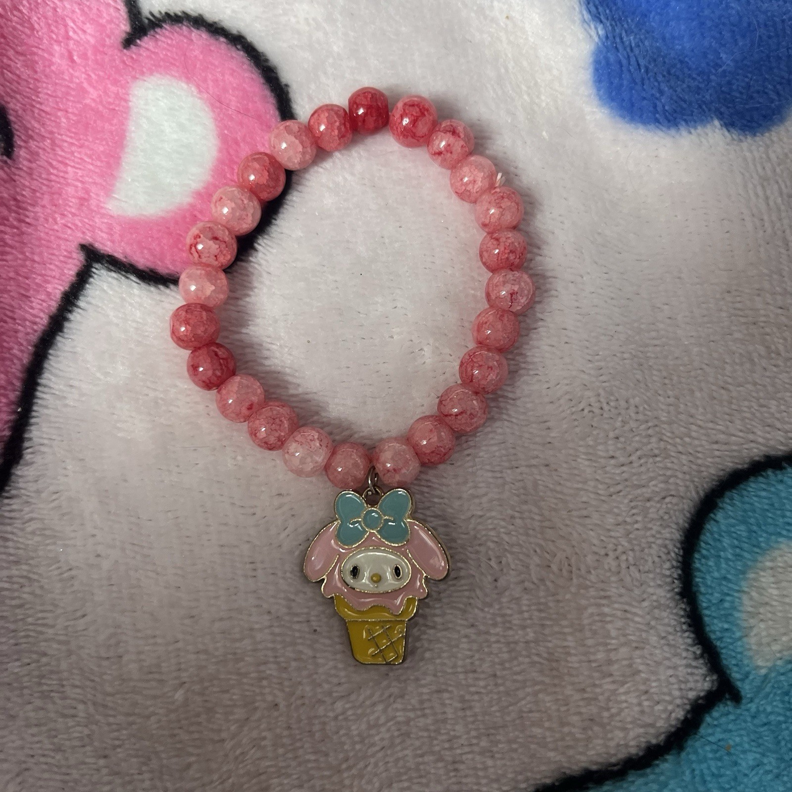 My Melody Pink Beaded Bracelet Crackle Glass Beads Sanrio Ice Cream Adjustable