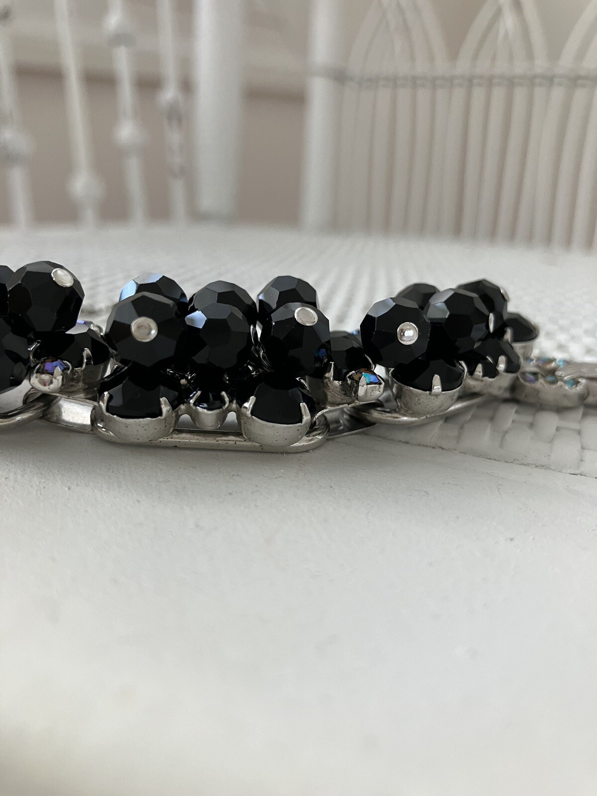 RARE! JULIANA Jet Black Cha Cha Dangle Bead Bracelet AB Rhinestone Clasp! Mint!