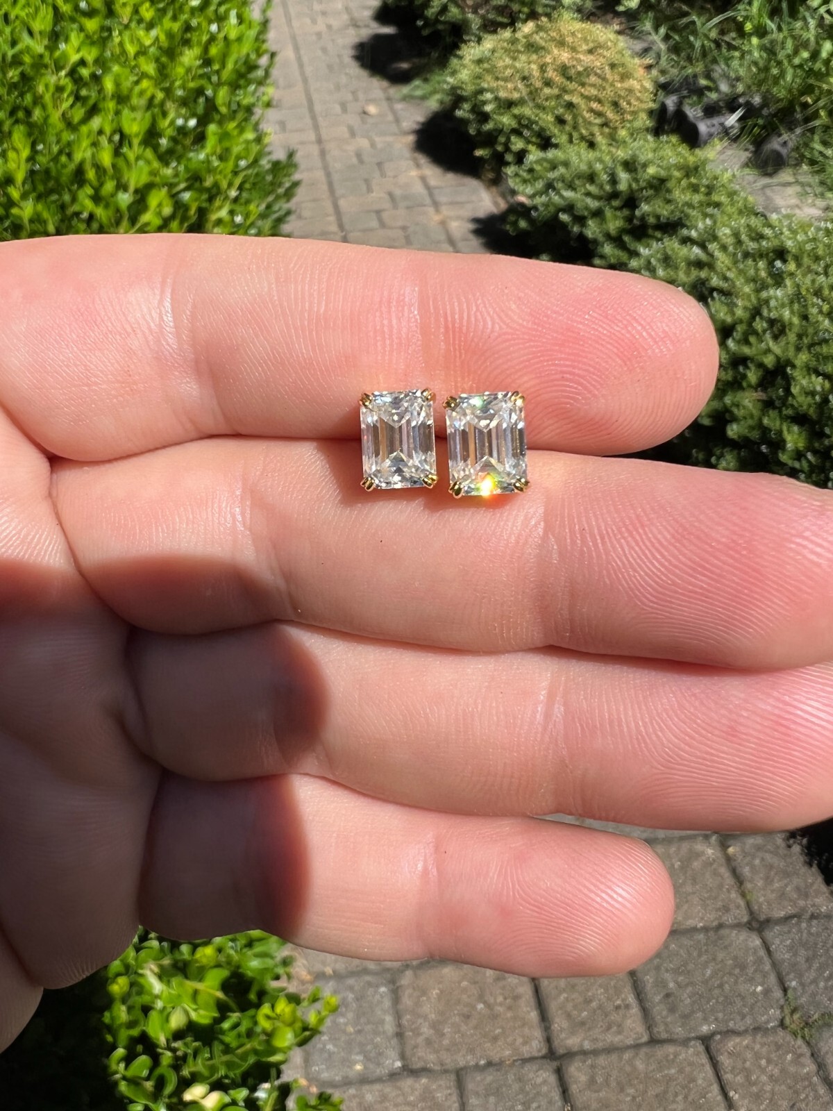 Emerald Cut Real Moissanite Solitaire Stud Earrings 14ct Gold Plated 925 Silver