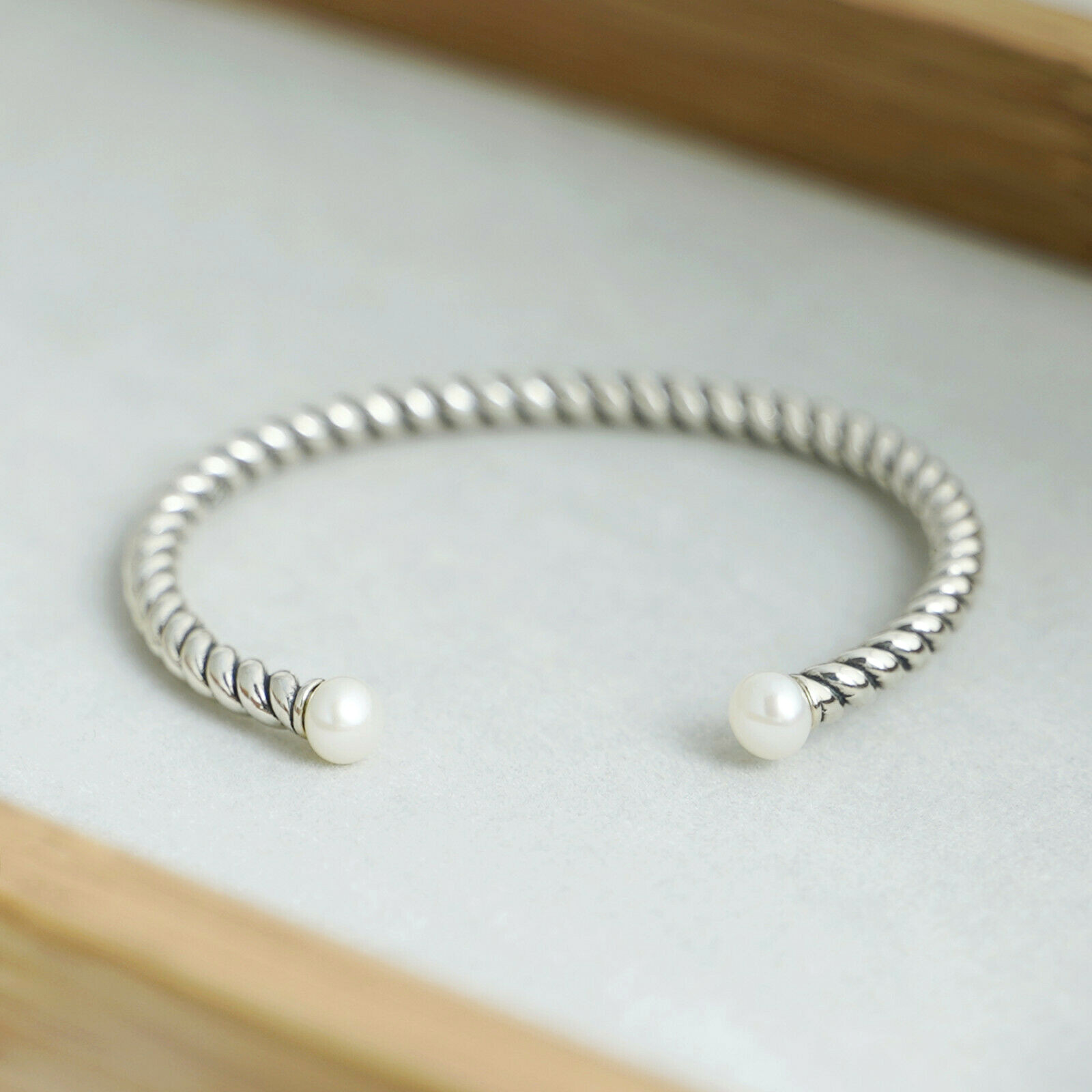 925 Silver Oxidised Freshwater Pearl Rope Bangle Twist Bangle 16.5cm