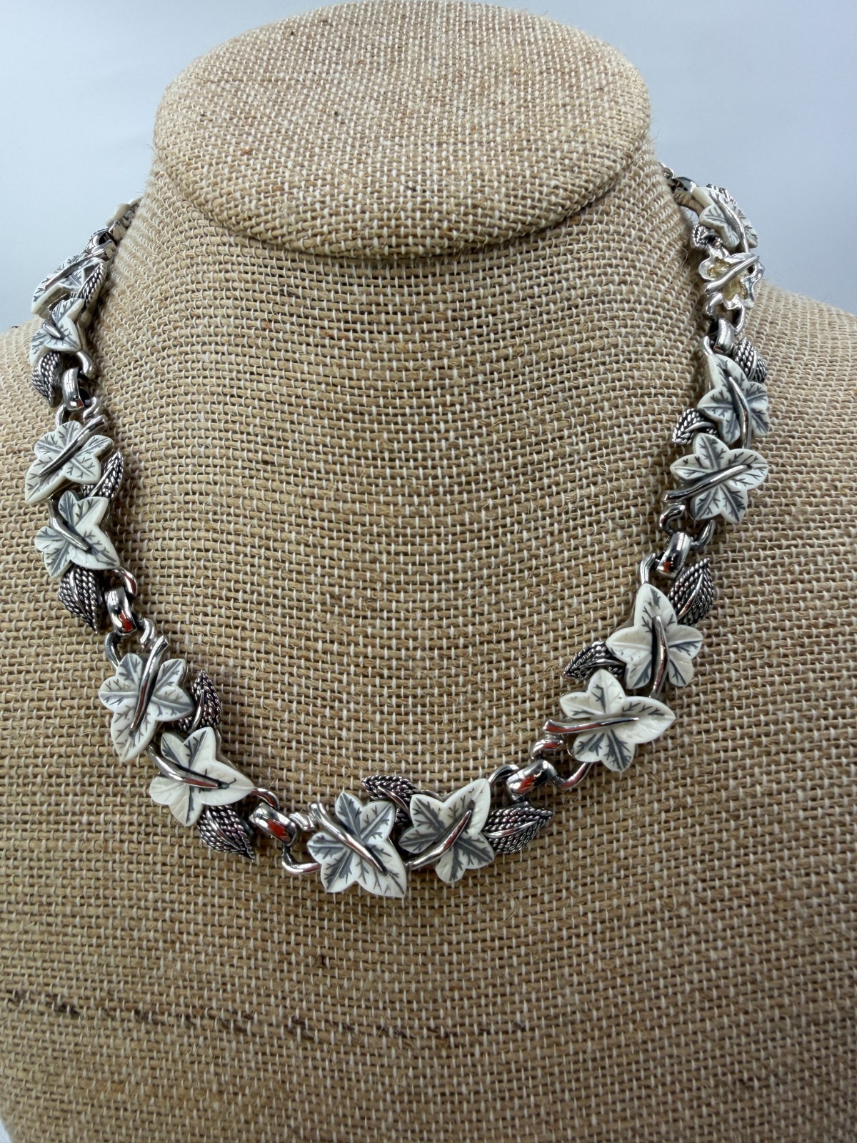 Vintage Boucher Necklace Bracelet Earrings Set White Leaf Silvertone Lot LX