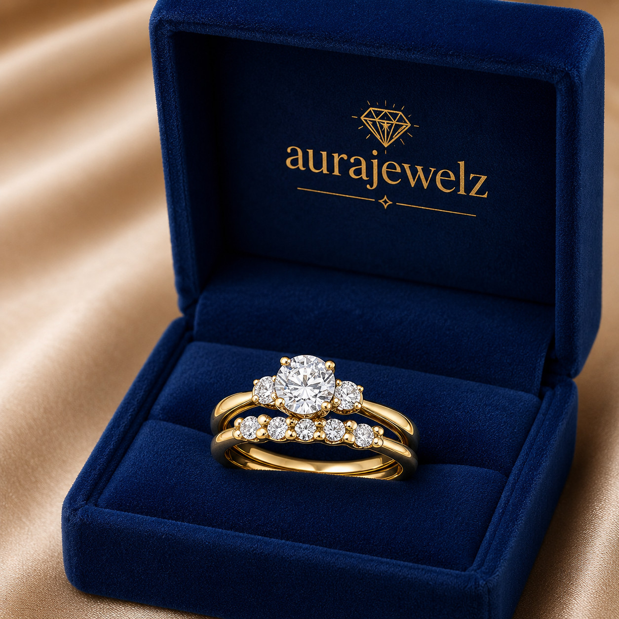 14k Yellow Gold Plated Bridal Band 2TCW Round Cut Moissanite Wedding Ring Set