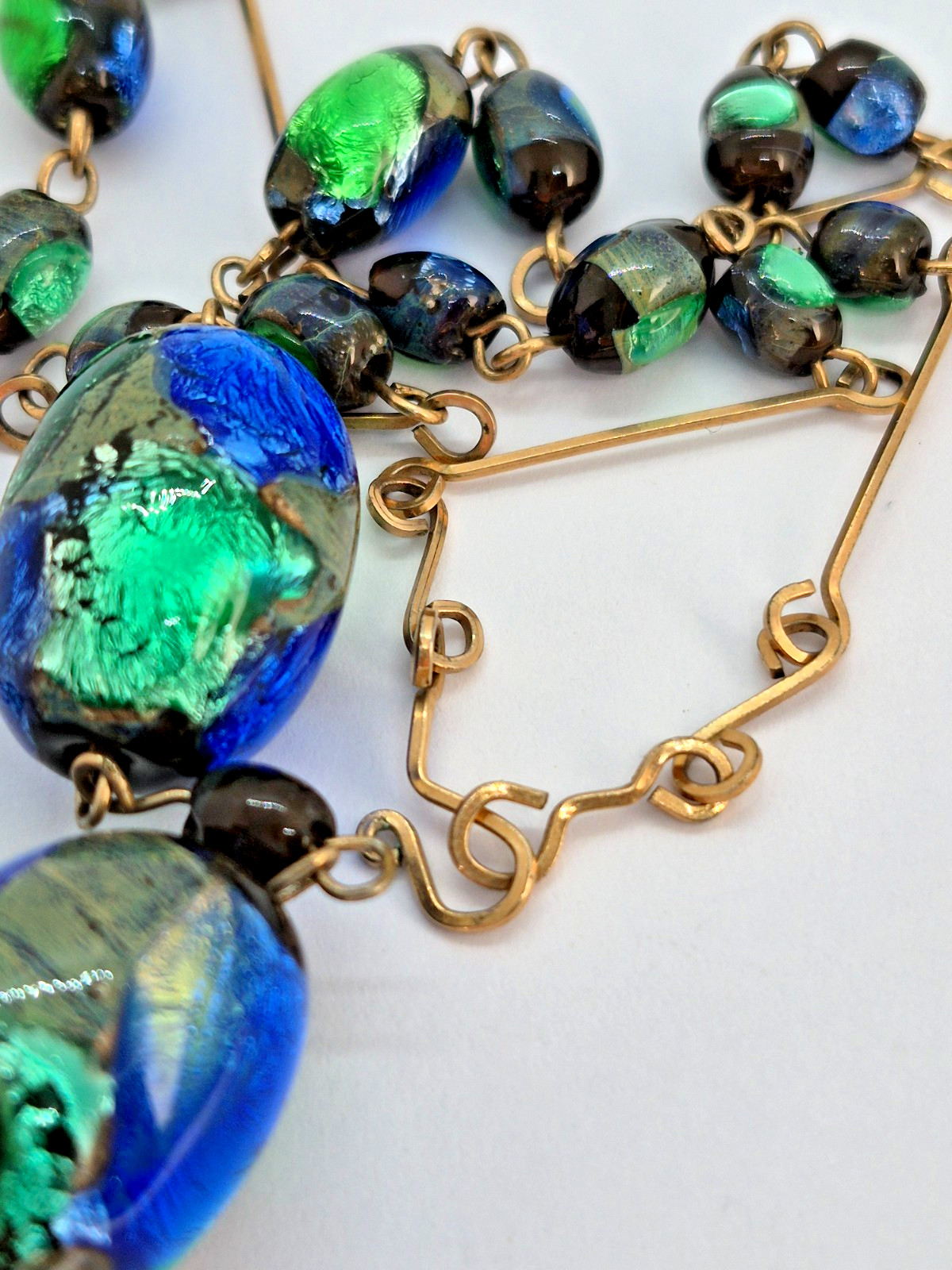 Vintage Art Deco Venetian Green, Blue & Black Foil Glass Bead Necklace 18″