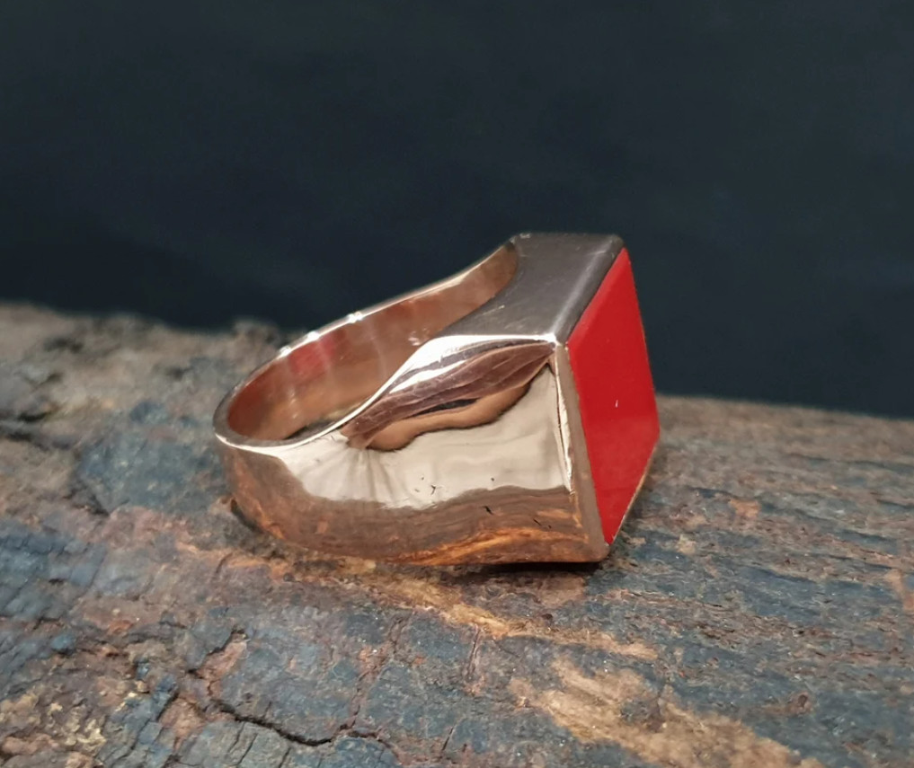 Rose Gold Red Coral Signet Men’s Ring 925 Sterling Silver Coral Jewelry For Boys